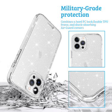 iPhone 14 Pro Max Heavy Duty Shiny Glitter Clear Case Cover - Scratch Resistant, Wireless Charging Compatible, Screen & Camera Lens Protection - Clear Pink